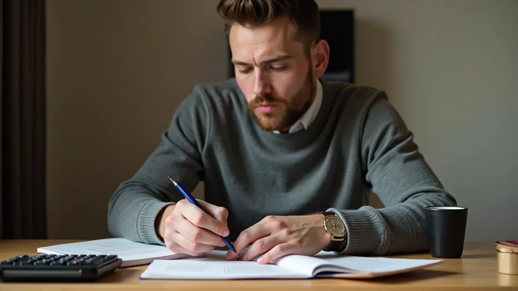 Muž si zapisuje své finanční cíle do sešitu se kávou a kalkulačkou na stole